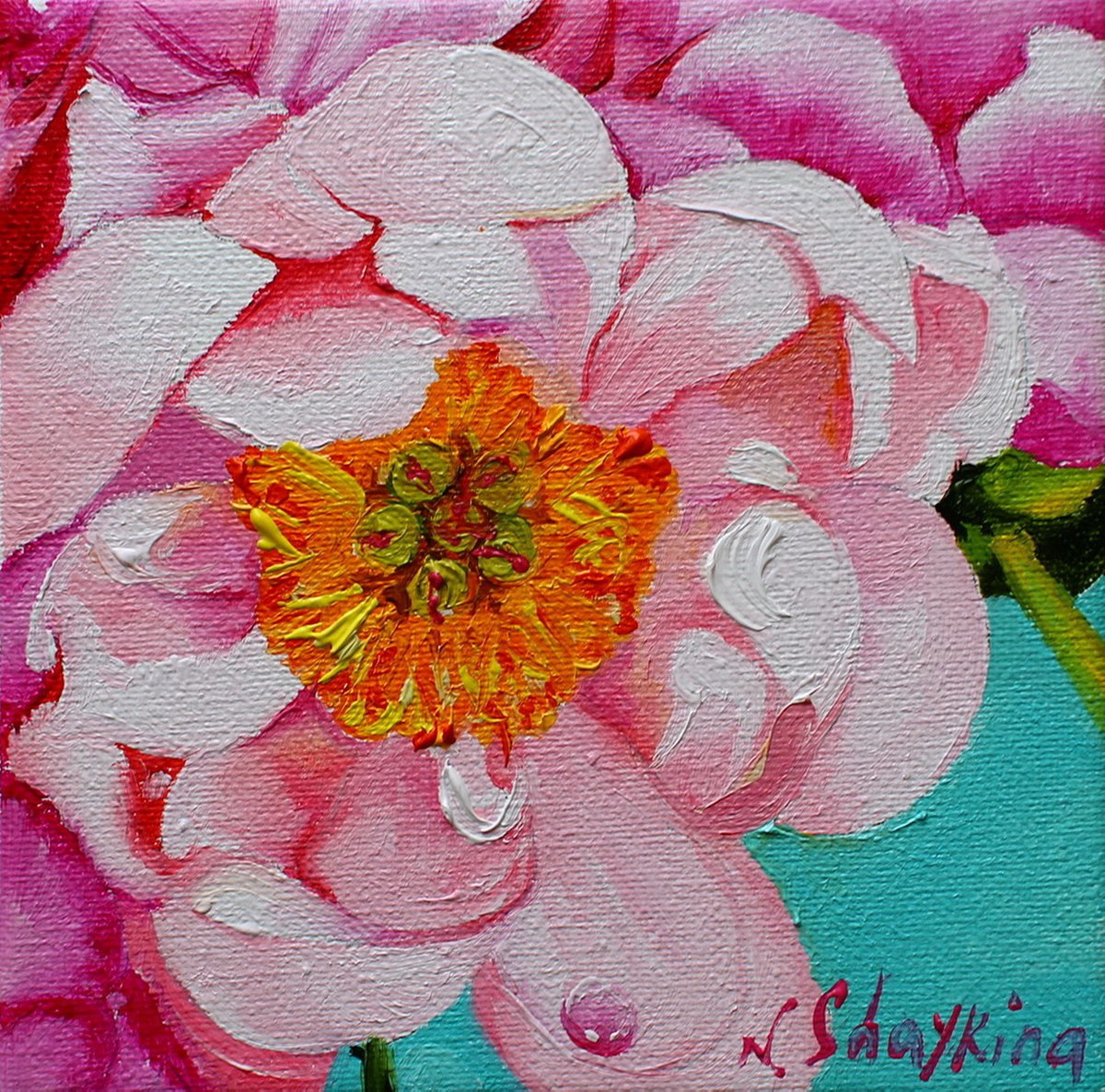 Peony Flower. Small painting oil on canvas by Natalia Shaykina