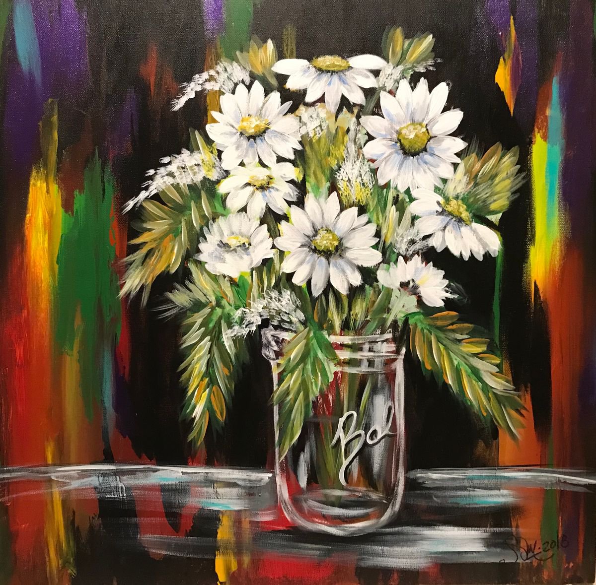 Impressionistic Botanical Acrylic Painting By Carolyn Shoemaker (Soma), 24 X 24, Daisies, Original Artwork