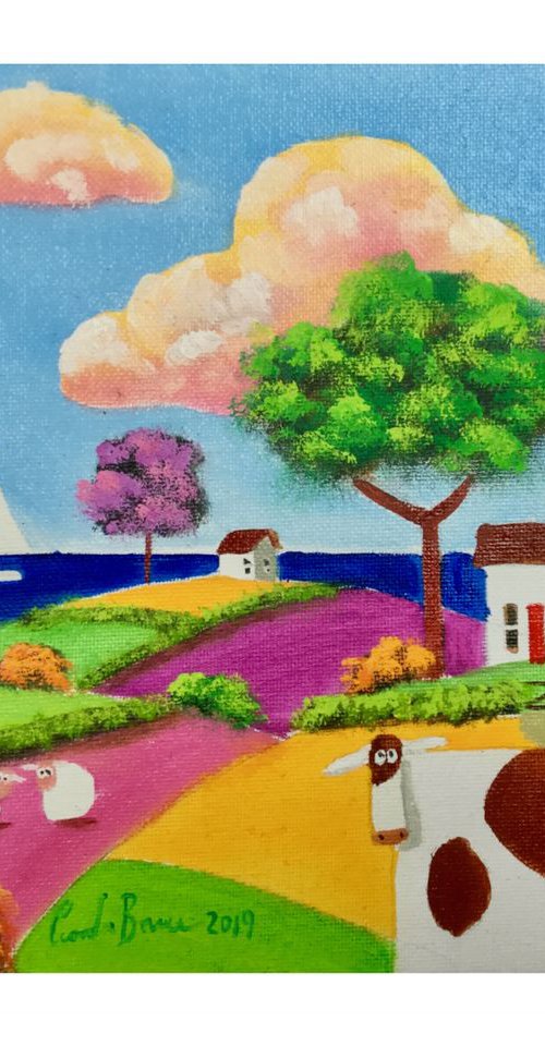 Cow Folk art patchwork fields small panel painting by Gordon Bruce