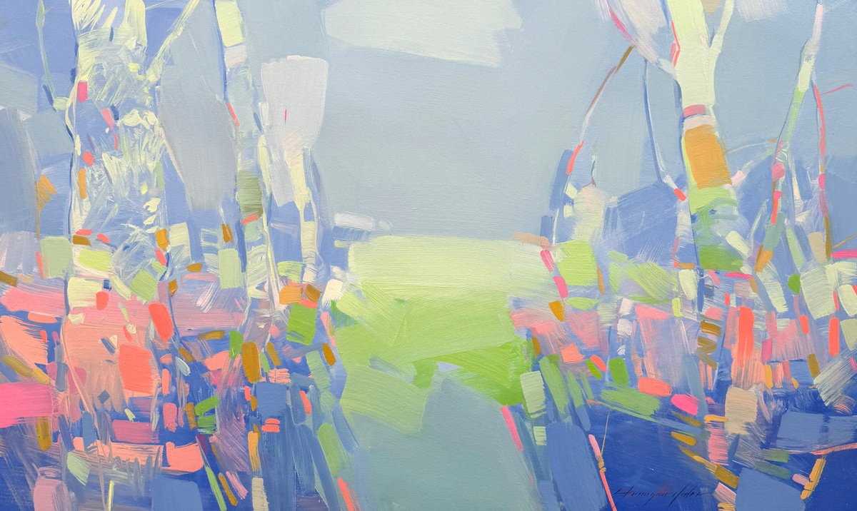 Impressionistic Landscape Oil Painting By Vahe Yeremyan, 32 X 20", Neon Palette, Original Artwork