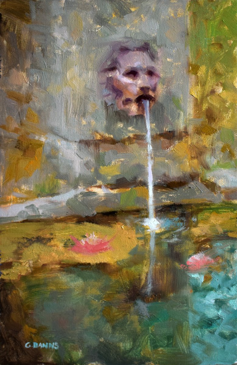 Impressionistic Landscape Oil Painting By Gav Banns, 8 X 12, Lion Fountain Water Lilies, Original Artwork