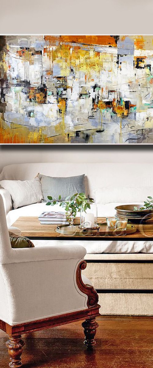Most of All - Extra Large Oversize Abstract Painting 71" x 40" , Gray Yellow Gold Leaf Soft Colors White Gray Painting by Lana Guise