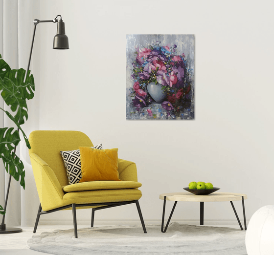 Purple flowers (80x100cm, oil painting, palette knife)