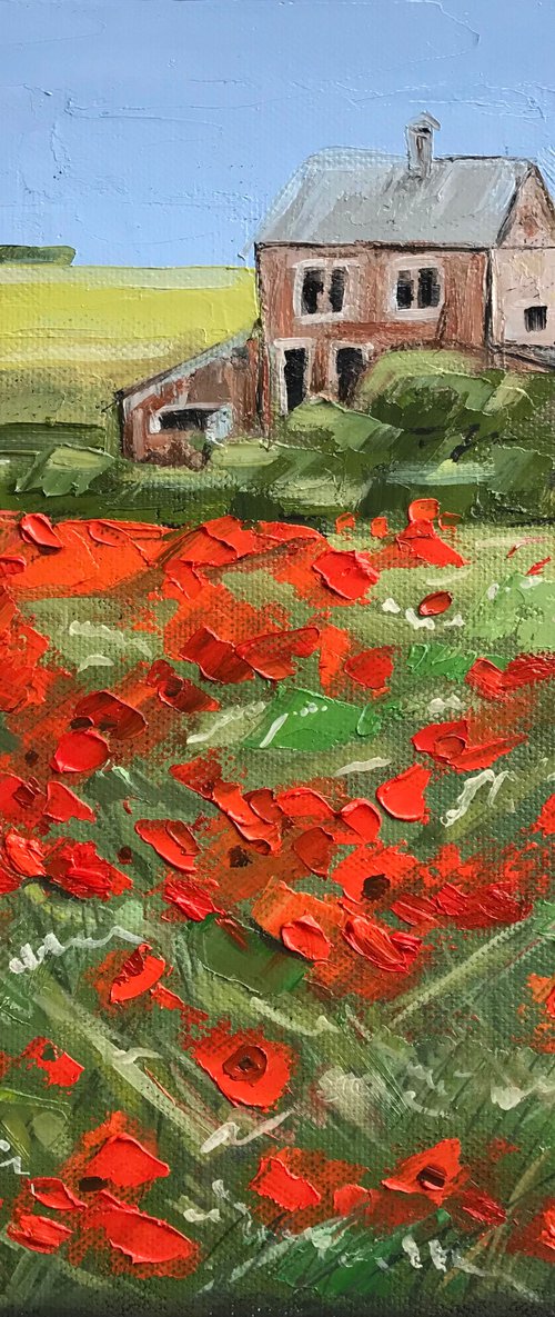 Poppy field landscape painting oil impasto art 25x25cm by Leysan Khasanova