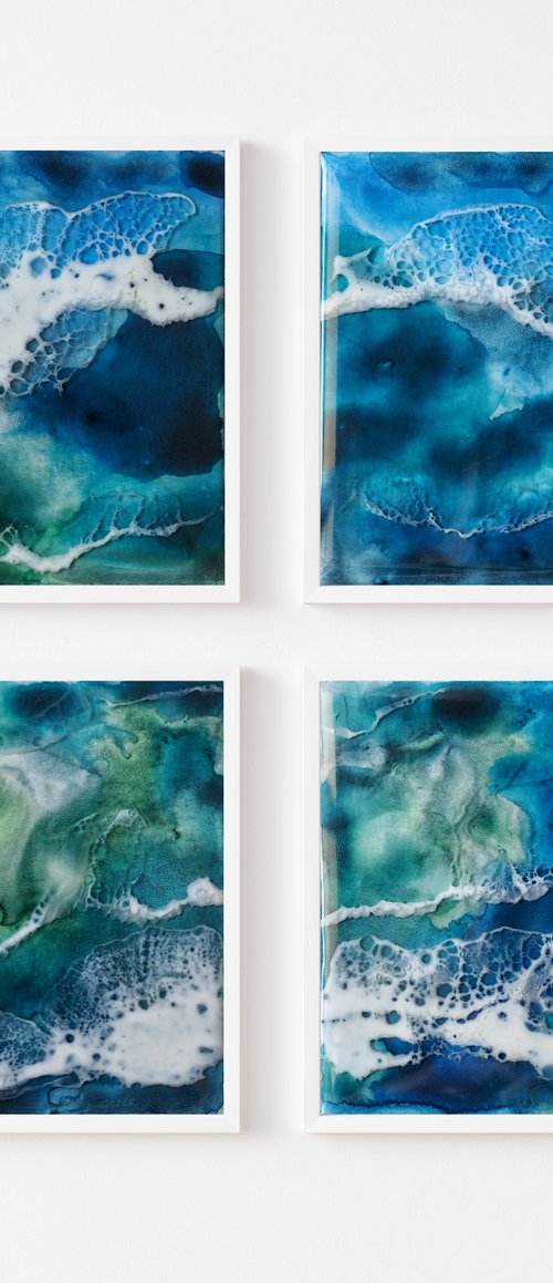 Blue lake - set of 4 original seascape painting, polyptych by Delnara El