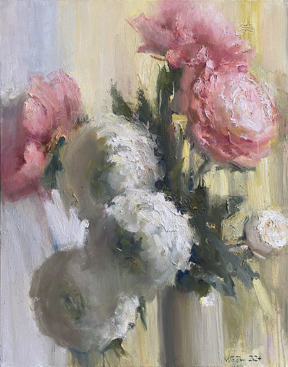 Impressionistic Botanical Oil Painting By Maxim Gladko, 28 X 35", Peonies #3, Original Artwork