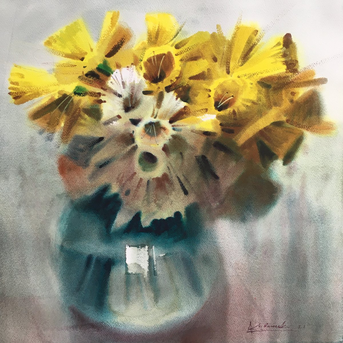 Impressionistic Botanical Watercolour By Andrii Kovalyk, 22 X 22, Yellow Daffodils In A Vase, Original Artwork