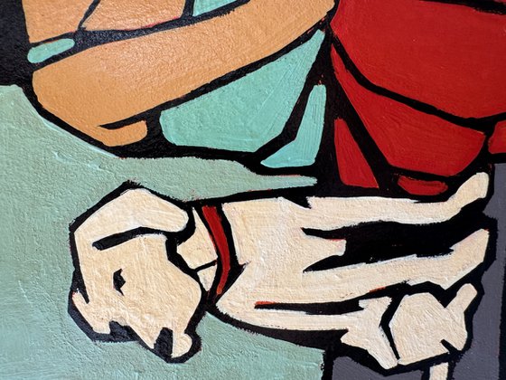 Dog and Woman in Red Skirt Small Painting
