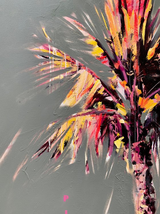 Huge XXXL painting - "PINK PALM" - Bright painting - Pop Art - Exotic - Palms - California - Sunset - Grey&Pink