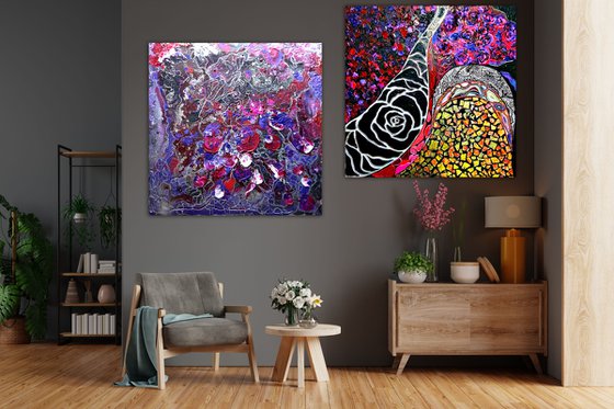 2 pieces 200х100 cm Abstract paintings large wall art black burgundy lilac relief diptych