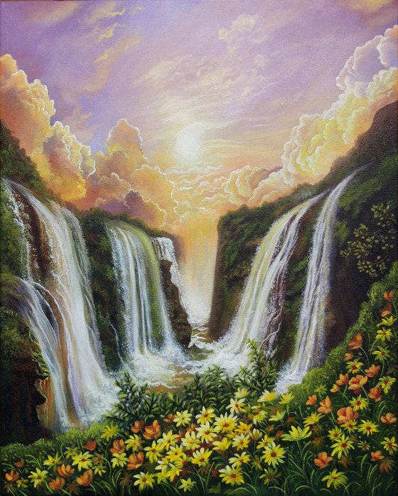 "Among the waterfalls", landscape painting, nature art