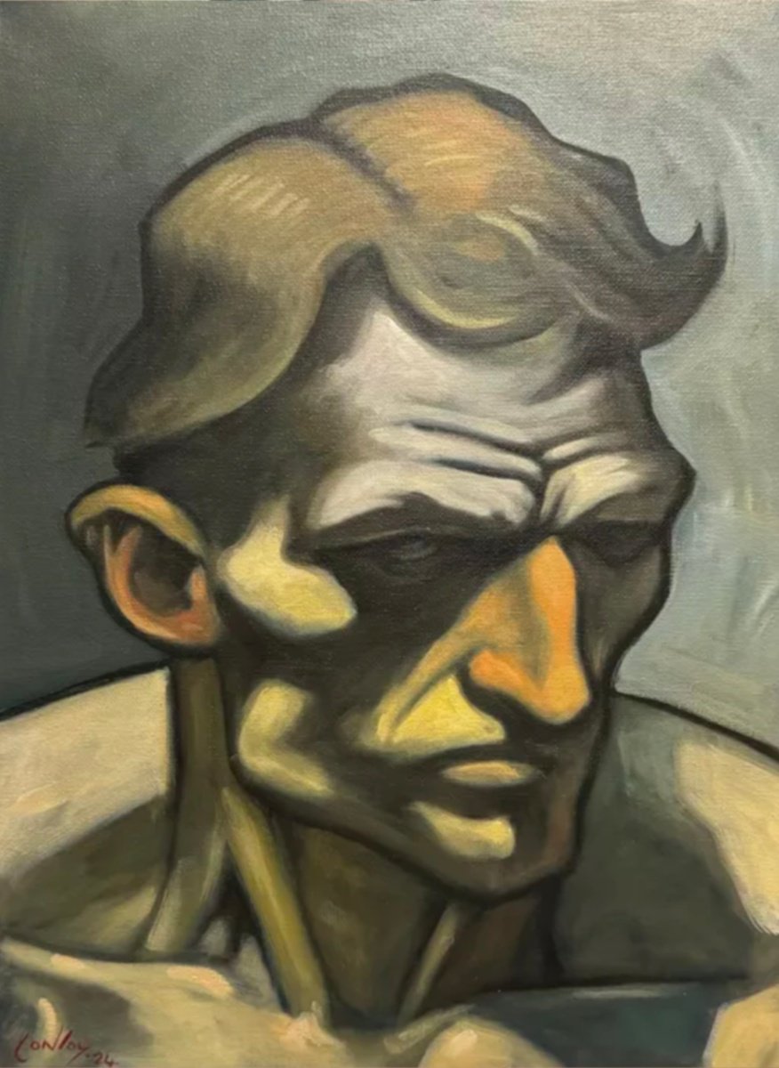 Naive Portrait Oil Painting By Pete Conroy, 11 X 14", The Stoic, Original Artwork