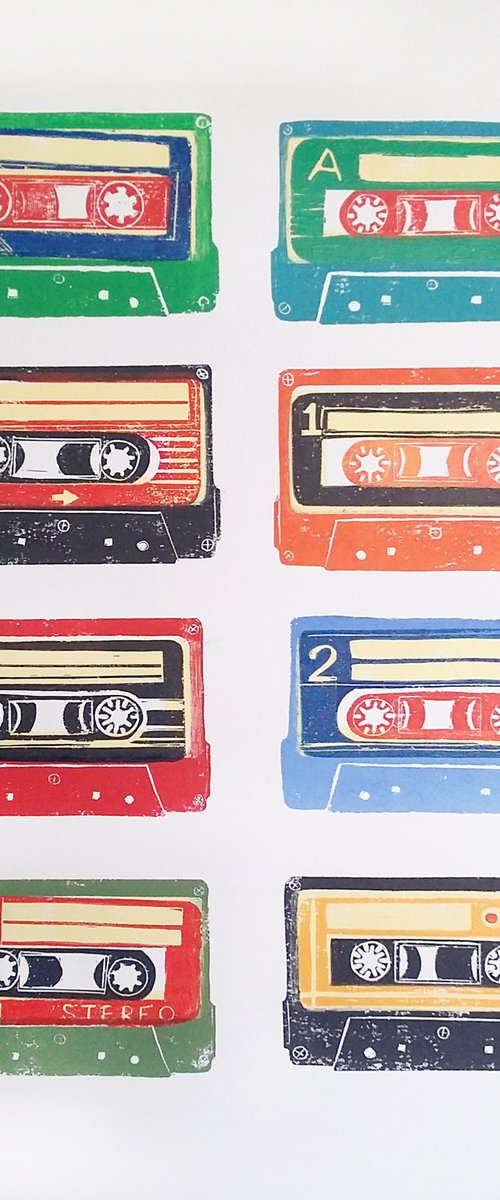 Linocut tapes #31 (cassette tapes, retro music, 70's, 80's rock culture) by Carolynne Coulson