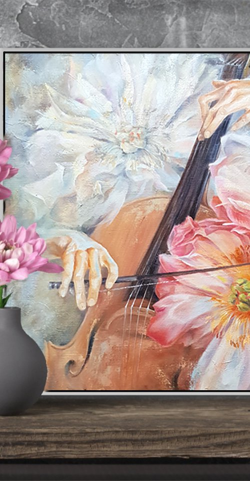 Music of flowers (CELLO) - oil painting, original gift by Elena Smurova