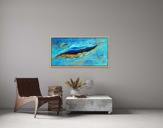 GOLDEN ORCA. Large Abstract Blue and Gold Contemporary Seascape, Ocean Waves Painting (61 x 122 cm). Modern Textured Art