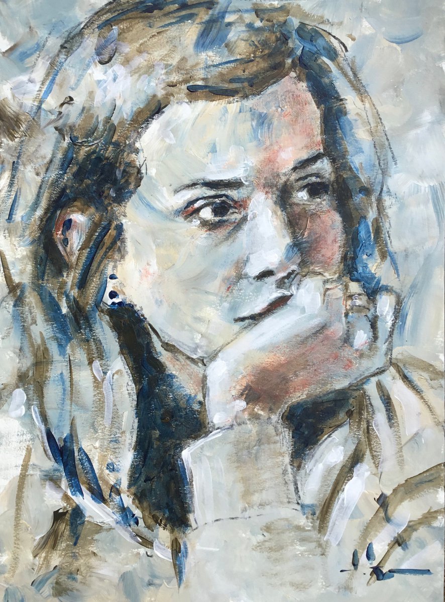 Expressive Portrait Acrylic Painting By Dominique Deve, 12 X 16, Think, Original Artwork