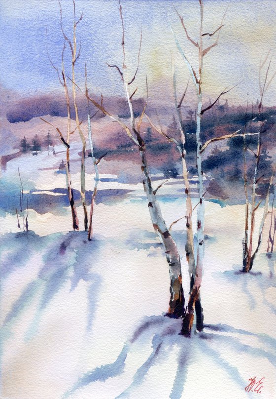 Birches in winter, watercolor forest landscape, snow and trees