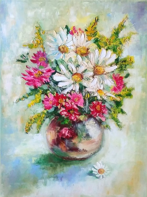 Daisy Painting Original Art Pink Floral Oil Painting Daisies Artwork Flower Canvas Wall Art