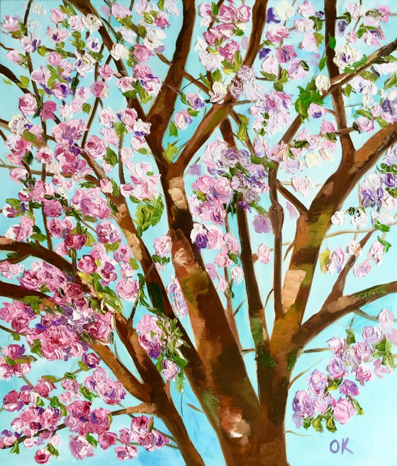 Apple blossom , spring in London pink, white, turquoise 61x71cm ready to hang oil painting