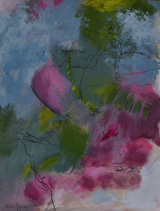 The scary Climb - Abstract mixed media painting in pink and blue