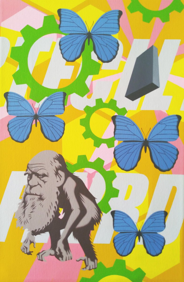 Cartoon Portrait Acrylic Painting By Hirotaka Suzuki, 12 X 18, Untitled (Charles Darwin), Original Artwork