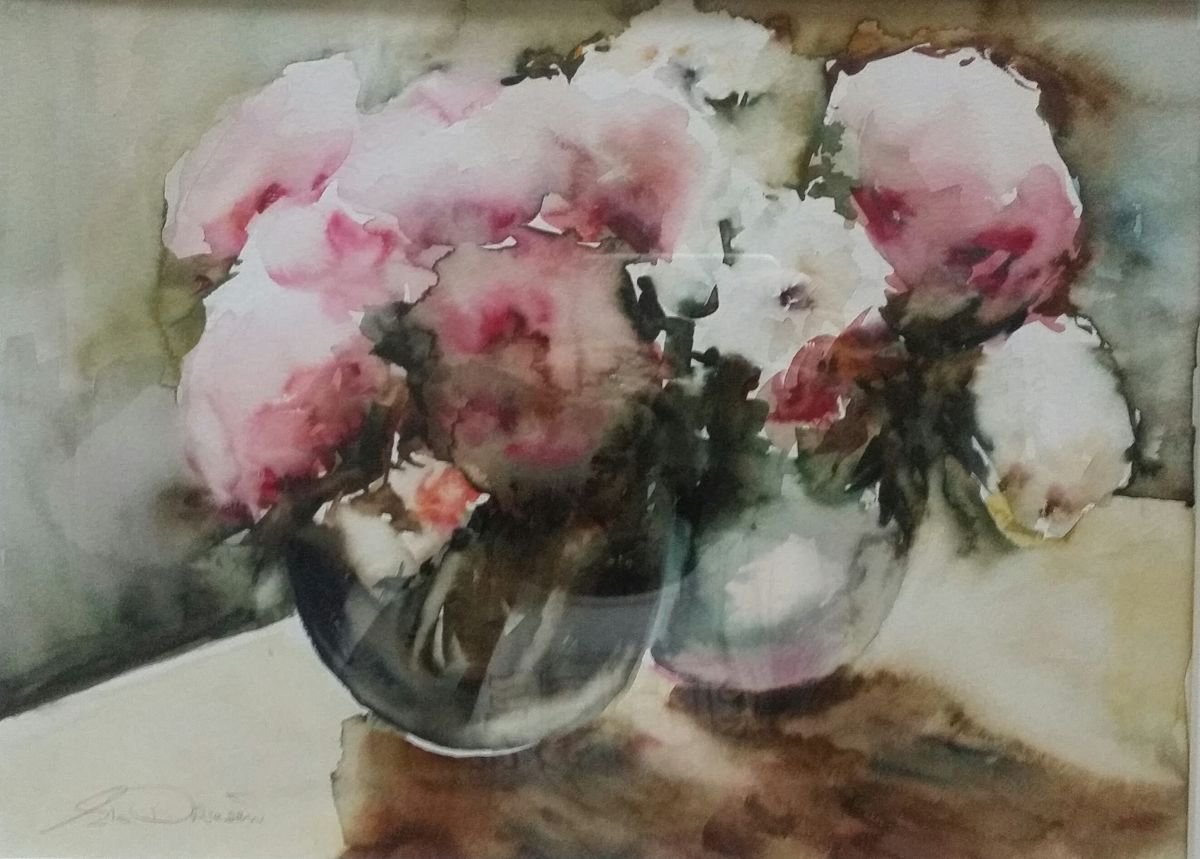 Impressionistic Botanical Watercolour By Els Driesen, 16 X 12, 2 Vases With Flowers, Original Artwork
