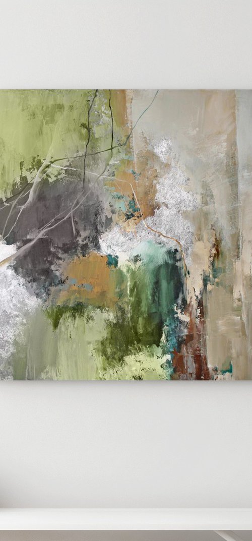 "Olive Hill 2" Green silver abstract art by Yana Sagan