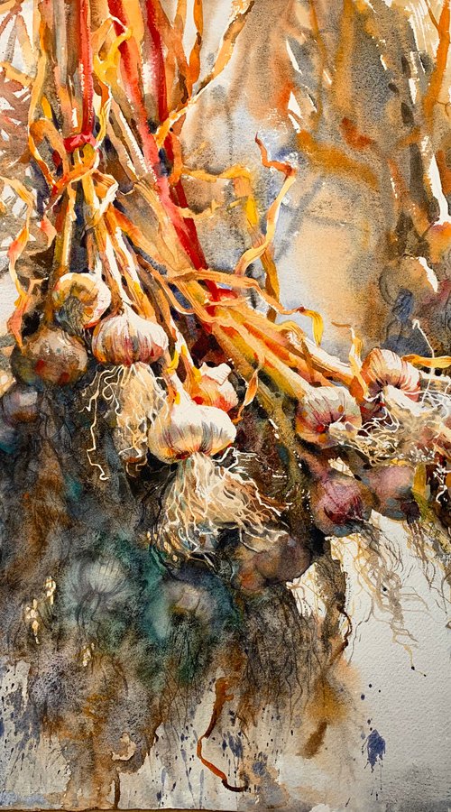 Garlic nature vegan art painting by Samira Yanushkova