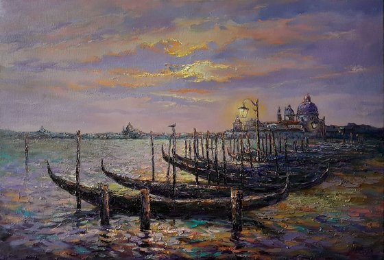 Quiet whisper of waves - Venice cityscape original oil large painting