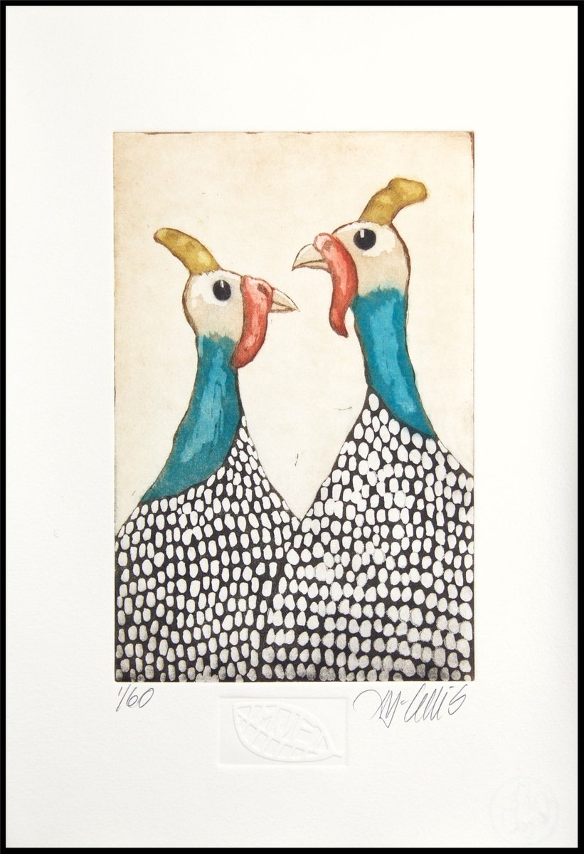 Guinea Hens, aquatint etching by Mariann Johansen-Ellis