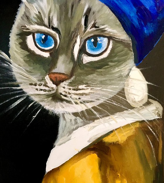 British blue Cat with the pearl earring #2 inspired by Vermeer painting feline art for cat lovers gift idea