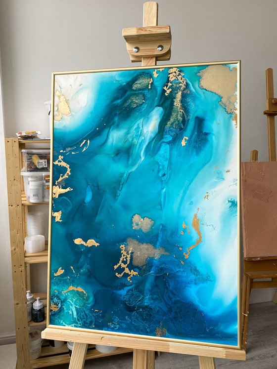 Ocean Blue Gold Fluid Painting