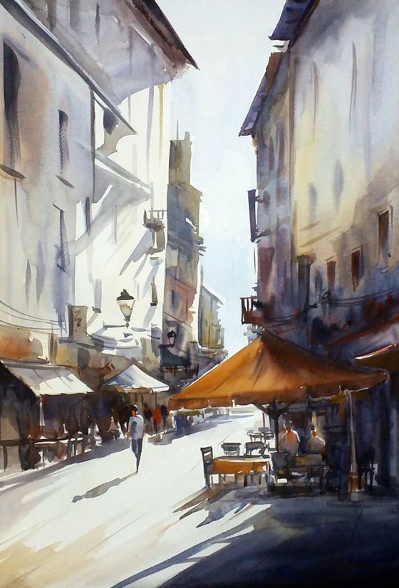 Morning Street & Cafe- Watercolor on Paper