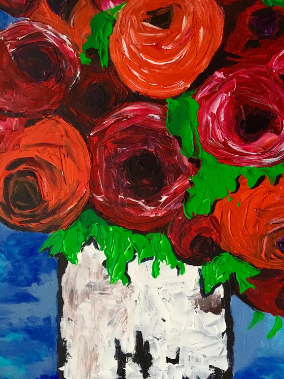 BOUQUET OF Red  Roses textured acrylic painting, palette knife artwork