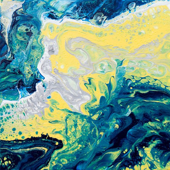 Seaspray - Yellow, Blue, & Silver Square Abstract Expressionist Fluid Painting on Canvas
