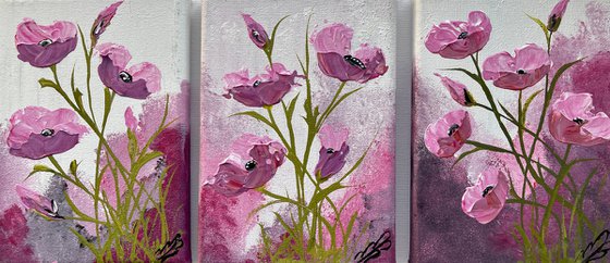 Pink Poppies on a Triptych