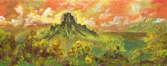 Corfe Castle on a large panoramic canvas on gold leaf