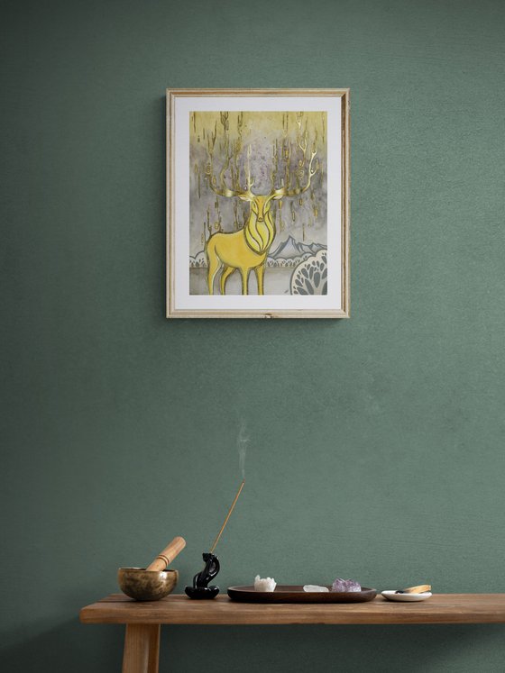 Golden deer, yellow deer on gray backgraund, gold leaf