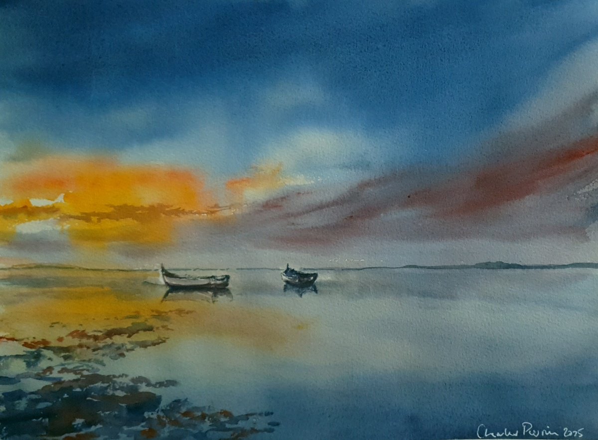 Impressionistic Watercolour , Boats At Sunset By Charles Pierson, 15 X 11, Artwork For Sale On Artfinder