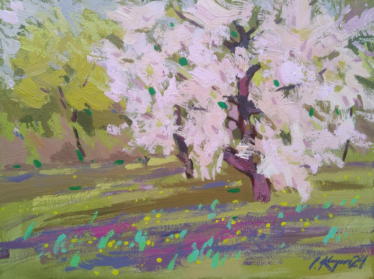 Impressionistic Landscape Acrylic Painting By Sergey Kachin, 24 X 18", Spring, Original Artwork