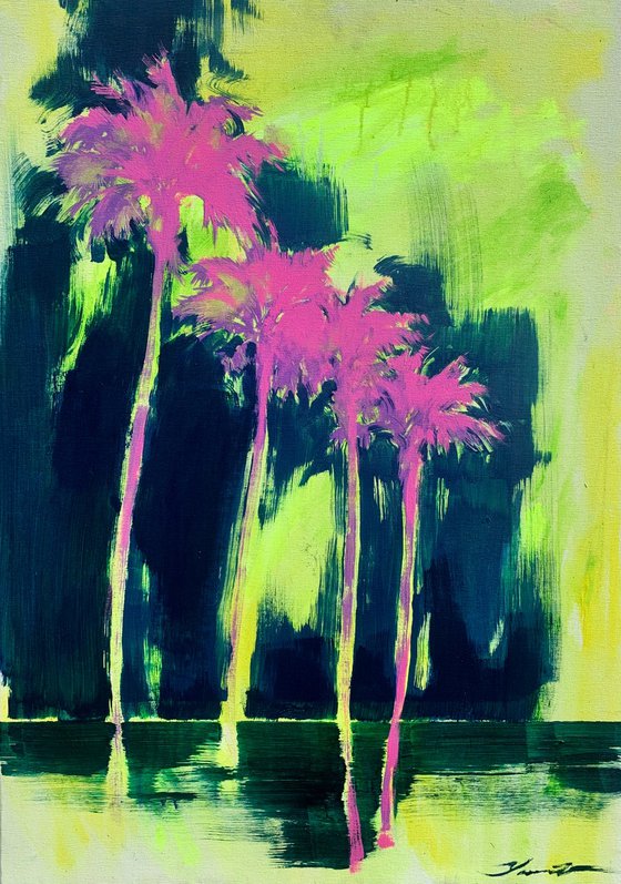 Yellow&Blue artwork - "Pink night" - Pop Art - Florida - California - Palms - Street Art - Expressionism - Sunset