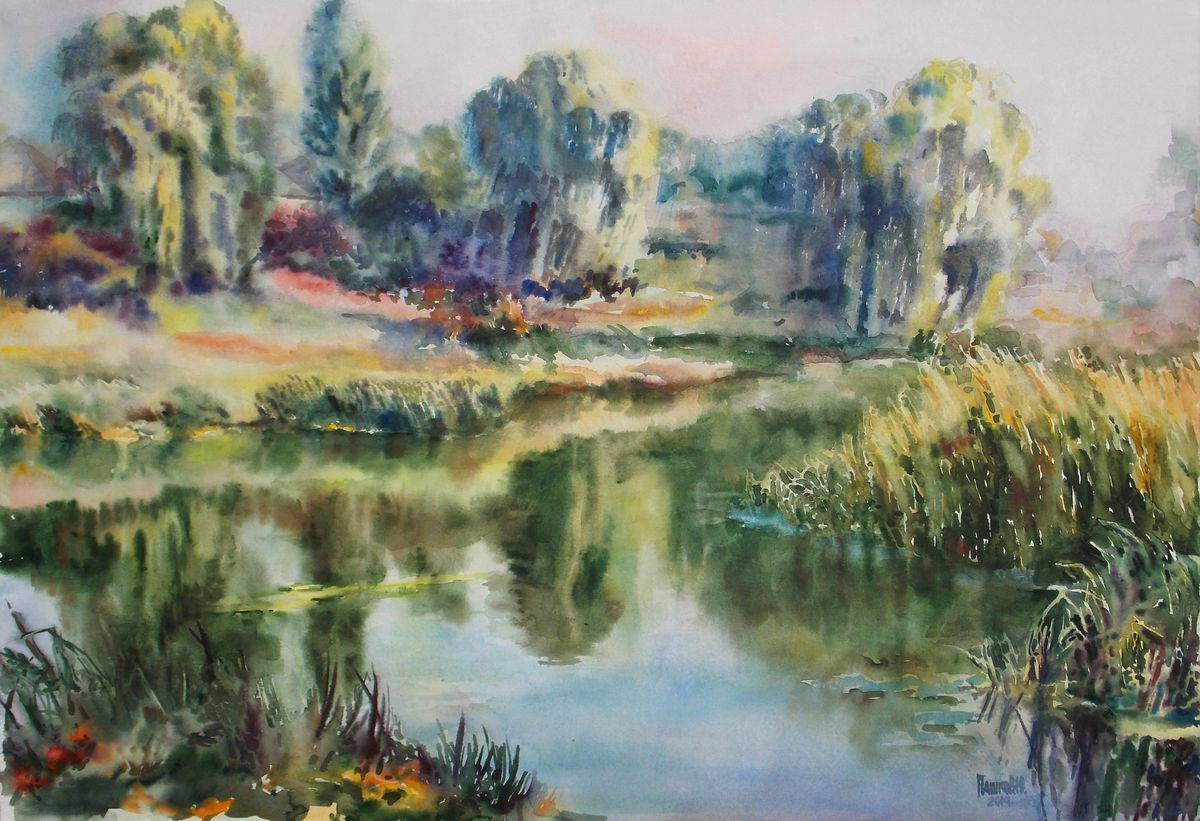 Impressionistic Landscape Watercolour By Yurii Pashkov, 36 X 25", Bank Of The River, Original Artwork