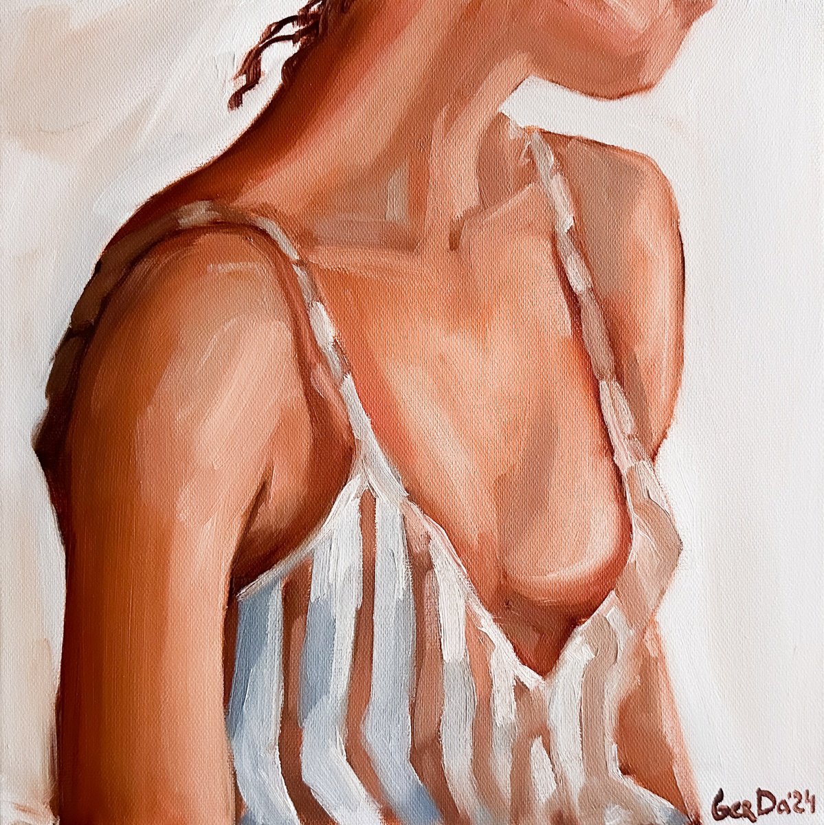 Impressionistic Portrait Oil Painting By Daria Gerasimova, 12 X 12, Girl In The Striped Blouse, Original Artwork