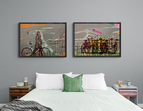 Big painting - "Amsterdam" - Girl - Bikes - Bicycle - Diptych - Pop Art - Urban by Yaroslav Yasenev