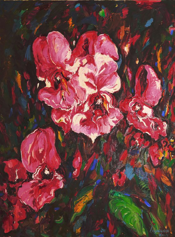 ORCHIDS -  XXL Large Floral Art - easel original oil painting for sale  - flower big panel purple pink nature office interior home decor, 200x150