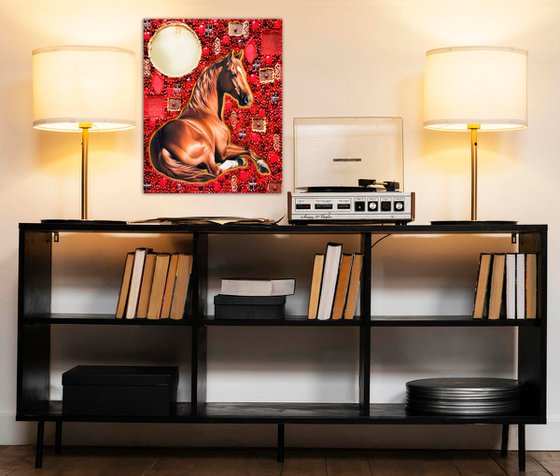 Ginger brown horse. Red coral artwork