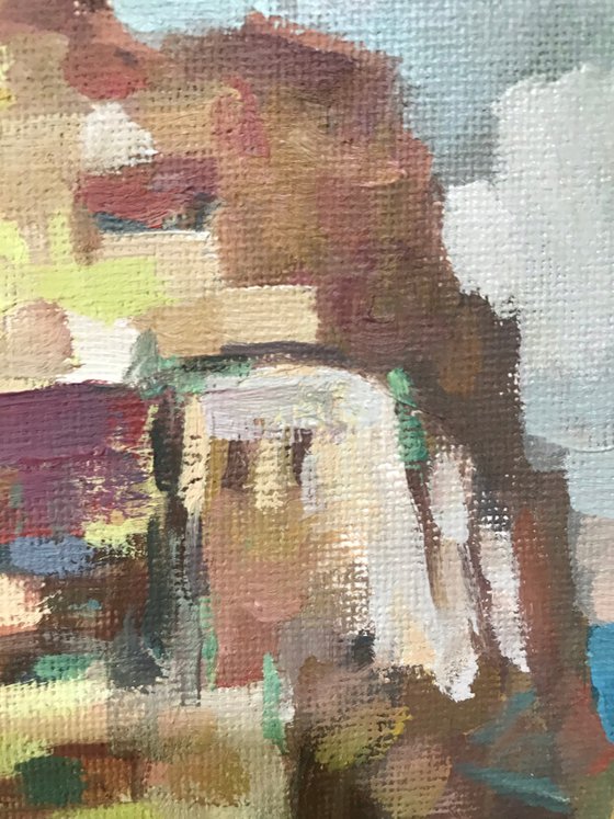 Original Oil Painting Wall Art Artwork Signed Hand Made Jixiang Dong Canvas 25cm × 30cm Manarola Italy small building Impressionism