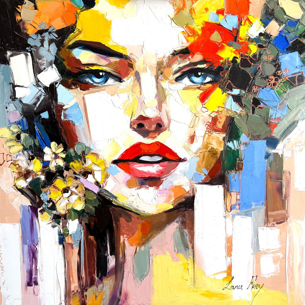 Expressive Portrait Oil Painting By Lana Frey, 39 X 39", Inspira, Original Artwork
