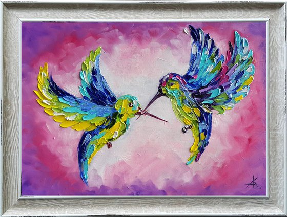 Pink dreams - birds oil painting, hummingbirds, birds, oil painting, love oil painting