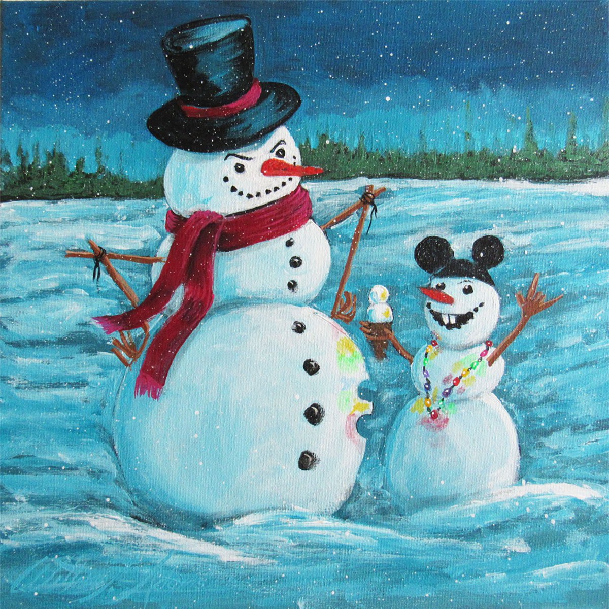 Illustrative Landscape Acrylic Painting By William F. Adams, 14 X 14", Kids At Christmastime... Ya Gotta Love Em!, Artfinder